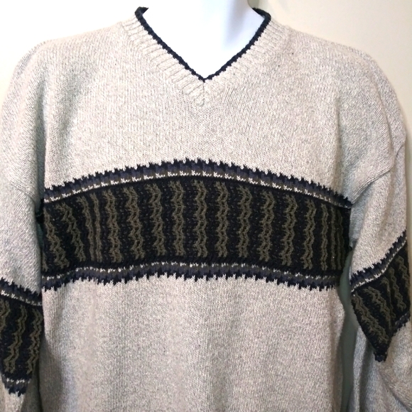 Vintage Liberty Sweaters Gray, White Marled Sweater With Olive/Navy Chest Stripe - Picture 2 of 8